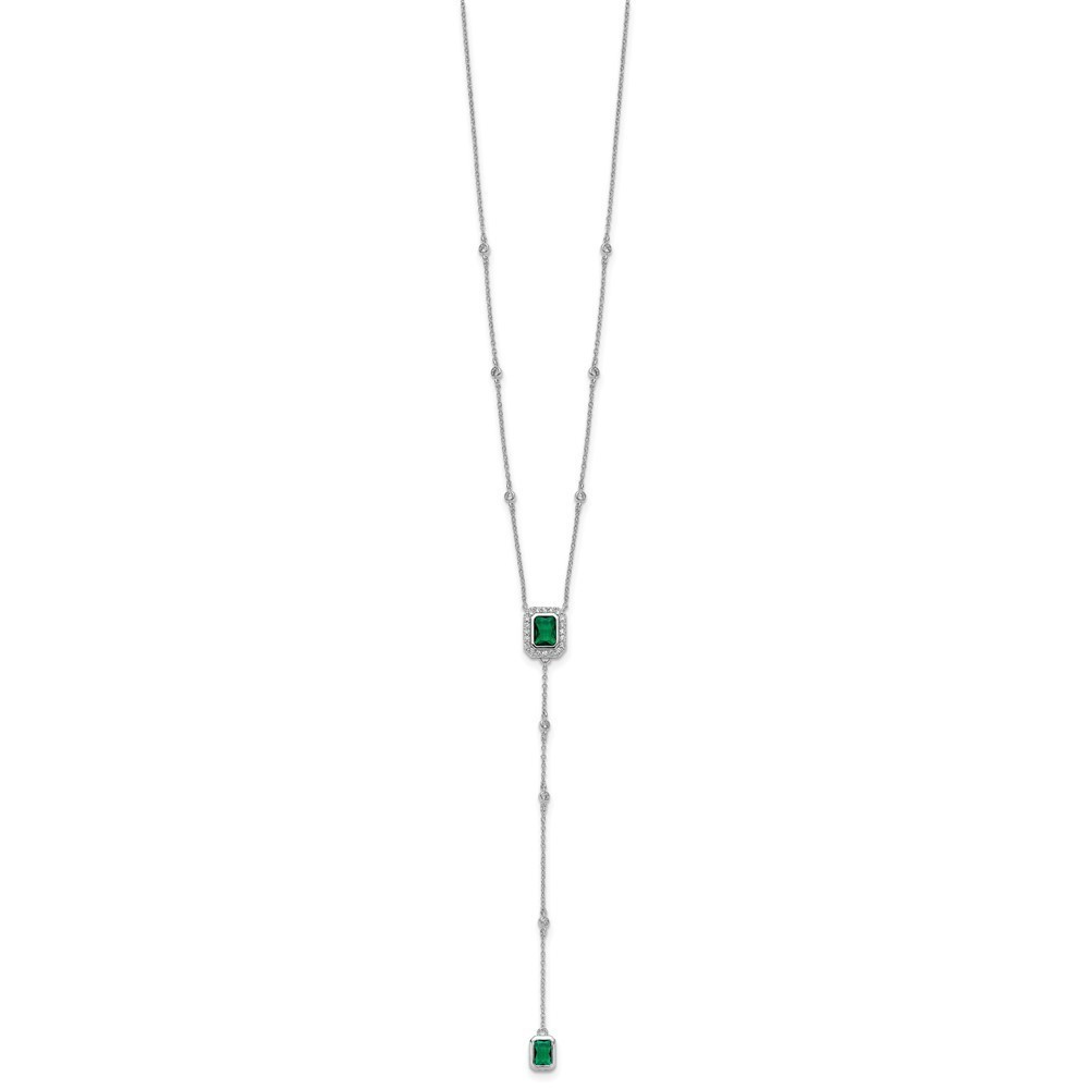925 Sterling Silver RH-plated Polished Fancy Green Glass and CZ Lariat Necklace - Picture 2 of 5